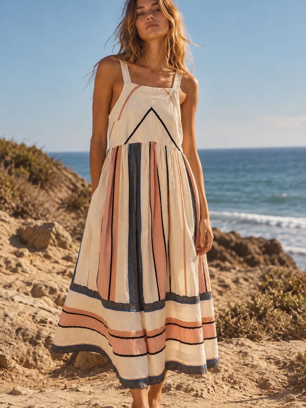 Free people textured cotton beige striped midi dress